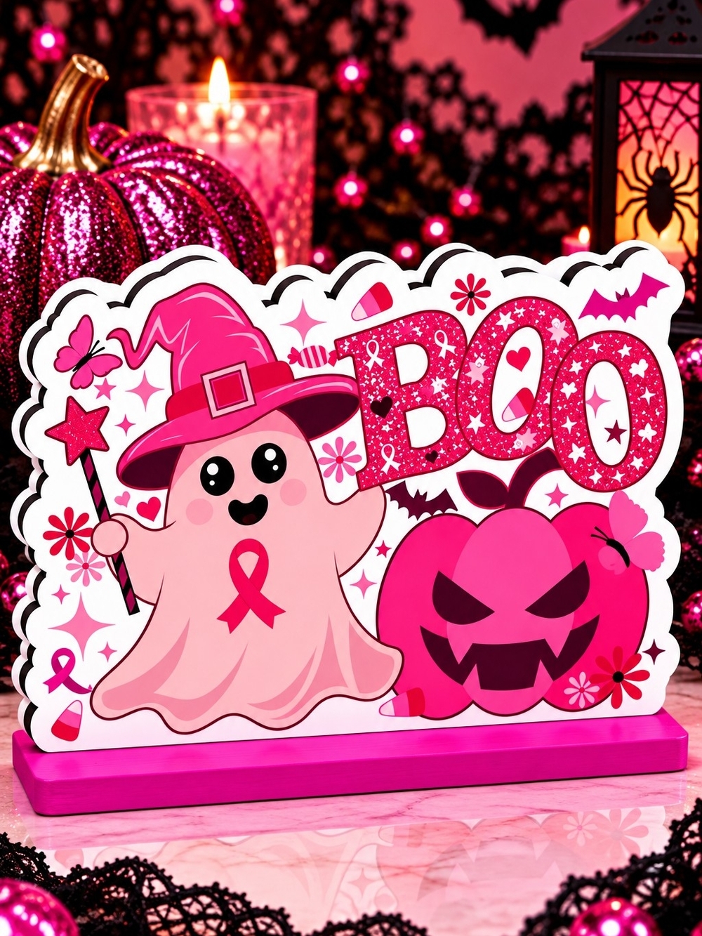 Pink Halloween 'Boo' Table Decor with Ghost and Pumpkin!!